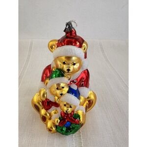 Vintage Mercury Glass Bear Family Christmas Ornament Santa Hats 5.5" Kurt Adler